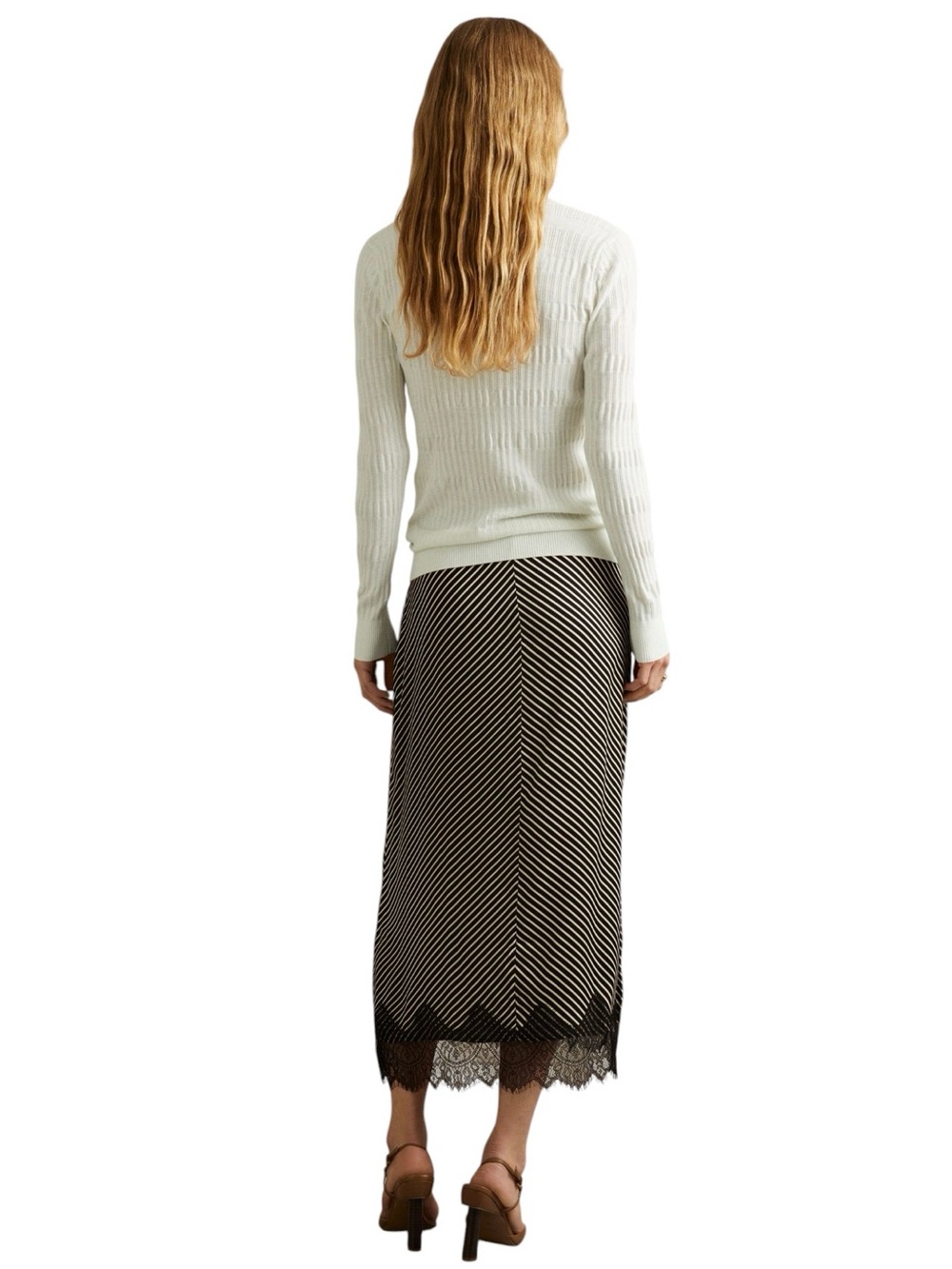 REISS Ivy Striped Lace Trim Midi Skirt NWT - Picture 2 of 7